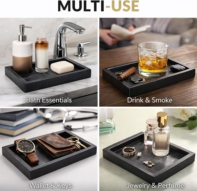 Natural Black Marble Tray for Bathroom | Kitchen | Vanity | Desktop, Stone Organizer for Coffee Table, Dresser, Nightstand, Candles, Soap, Towel, Plant, Jewelry (10" x 6"), Rectangular