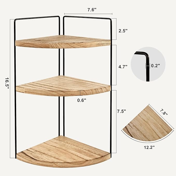 Corner Bathroom Counter Organizer Countertop Brown, 3-Tier Corner Shelf Wood Vanity Tray Easy Assembly Space Saving Shelf for Kitchen, Bathroom, Dresser, Makeup, Office