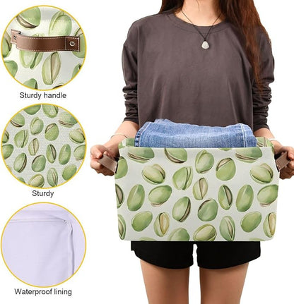 Large Storage Basket Pistachios Watercolor Green Storage Bin Cube Canvas Fabric Organizer Handles Collapsible for Clothes Toys Bedroom Decorative