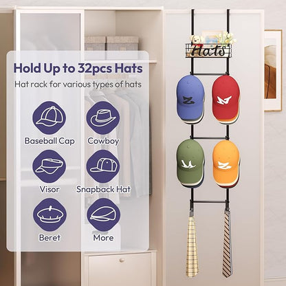 SWTYMIKI Over Door Hat Organizer - Wall Mounted Hat Rack with 6 Hooks and Metal Basket Design, Hanging Baseball Cap Organizer Storage Holds Up to 32 Caps for Door, Bedroom, Closet (Black)