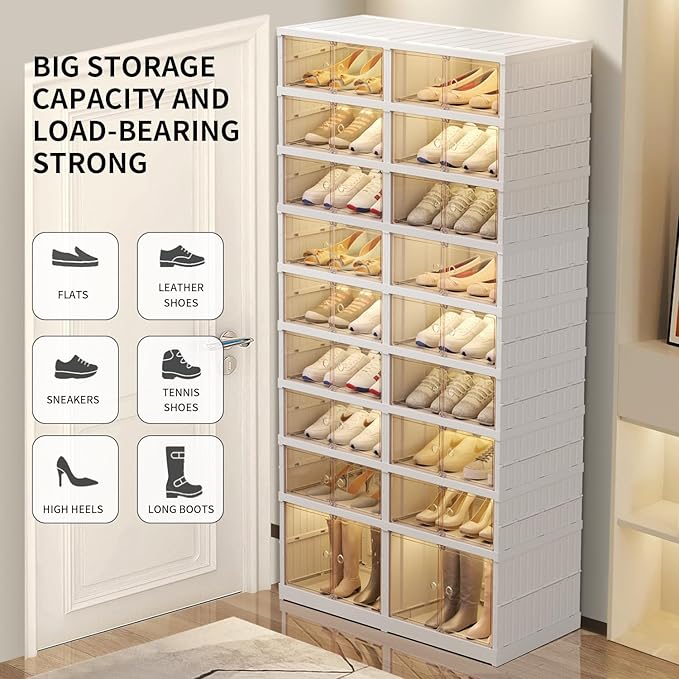 EHAMILY Foldable 9-Tier Shoe Rack Organizer for 18-36 Pairs - Collapsible Clear Plastic Shelf for Closet, Entrance or Front Door - Tall Stackable Folding Shoes Storage Boxes cabinet