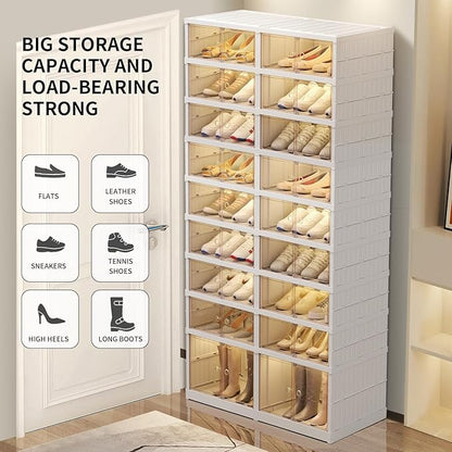 EHAMILY Foldable 9-Tier Shoe Rack Organizer for 18-36 Pairs - Collapsible Clear Plastic Shelf for Closet, Entrance or Front Door - Tall Stackable Folding Shoes Storage Boxes cabinet