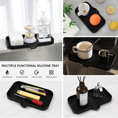 MicoYang Silicone Bathroom Soap Dishes with Drain Spout-Bathroom and Kitchen Sink Organizer,Sponge Holder,Dish Soap Tray,Perfect for Dispenser,Scrubber,Bottle,Cup on Sink or Counter-Black 9.6"×5.3"