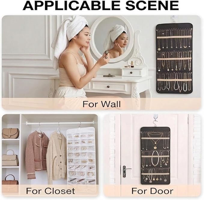 Double Sided Hanging Jewelry Organizer, Wall Mounted Jewelry Storage with 48 Pockets, Metal Hooks for Necklace Earring Bracelet, Large Capacity Jewelry Holder for Closet Door, Black