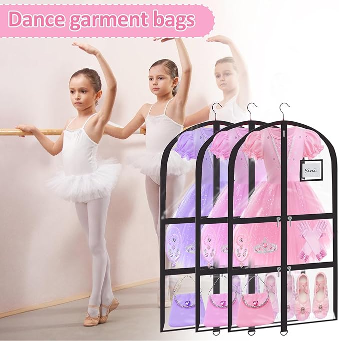 Garment Bags for Dance Costumes - 40 Inch Clear PVC with 5 Zipper Pockets (3 Pack) - Kids Dance Garment Bag for Dancers, Hanging Clothes Storage, Competitions & Travel (‎Clear Black)