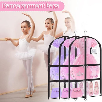 Garment Bags for Dance Costumes - 40 Inch Clear PVC with 5 Zipper Pockets (3 Pack) - Kids Dance Garment Bag for Dancers, Hanging Clothes Storage, Competitions & Travel (‎Clear Black)