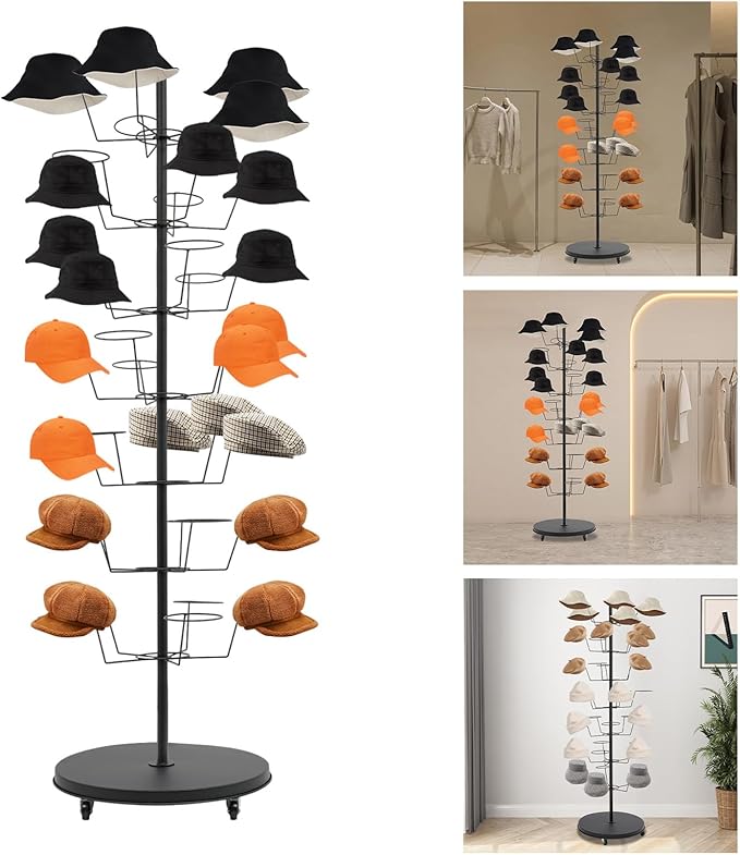 LOYALHEARTDY 7 Tier 35 Hooks Hat Rack Stand, Metal Hat Rack Hat Hangers Freestanding Hat Organizer Rack Display Stand for Wig, Cap, Baseball Hat (Black)