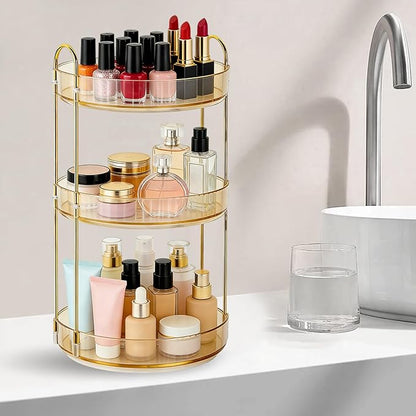 360 Rotating Makeup Organizer for Vanity, 3 Tier Perfume Skincare Organizers and Storage for Bathroom Countertop, Large Capacity Clear Spinning Counter Cosmetic Holder for Dresser, Amber Gold