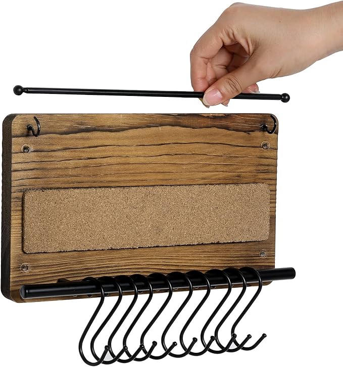 MyGift Wall Mounted Jewelry Organizer, Burnt Wood and Black Metal Necklace Holder, Bracelet, Earring Display Storage Rack with 10 Hanging S-Hooks