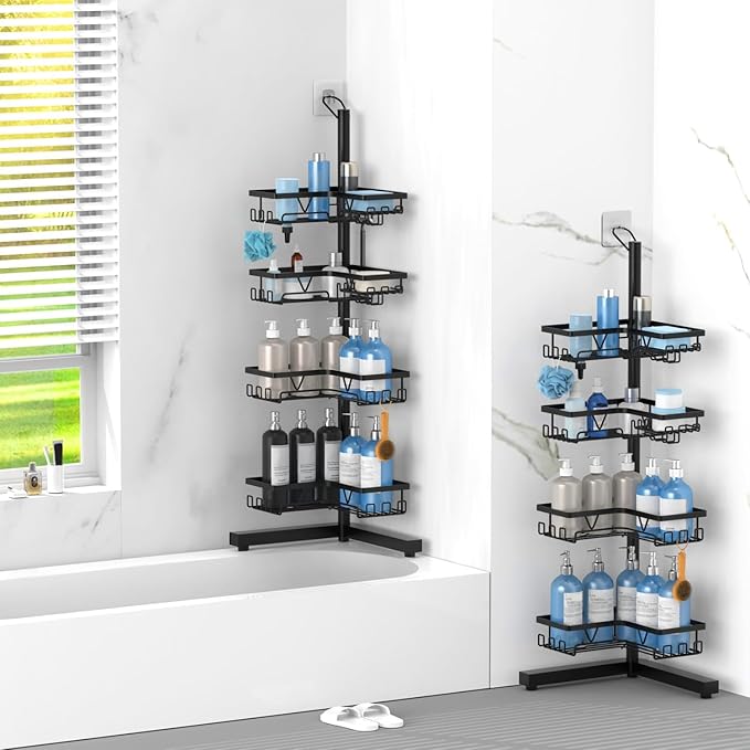 KEGII Floor Shower Caddy Standing – 4-Tier Corner Shower Organizer with Hooks & Soap Holder, Free-Standing Bathroom Storage Rack for Shampoo & Toiletries, Black