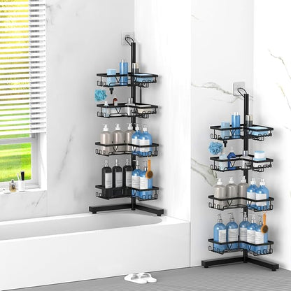 KEGII Floor Shower Caddy Standing – 4-Tier Corner Shower Organizer with Hooks & Soap Holder, Free-Standing Bathroom Storage Rack for Shampoo & Toiletries, Black