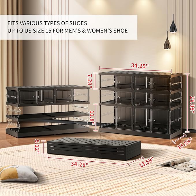 EHAMILY 3 Tiers 6-12 Pairs Foldable Shoe Rack for Closet Plastic Stackable Shoe Boxes for Garage Collapsible Shoes Shelf with Doors Storage Organizer Cabinet Quick Assembly,Black