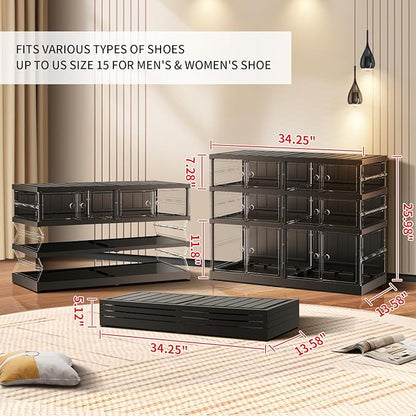 EHAMILY 3 Tiers 6-12 Pairs Foldable Shoe Rack for Closet Plastic Stackable Shoe Boxes for Garage Collapsible Shoes Shelf with Doors Storage Organizer Cabinet Quick Assembly,Black