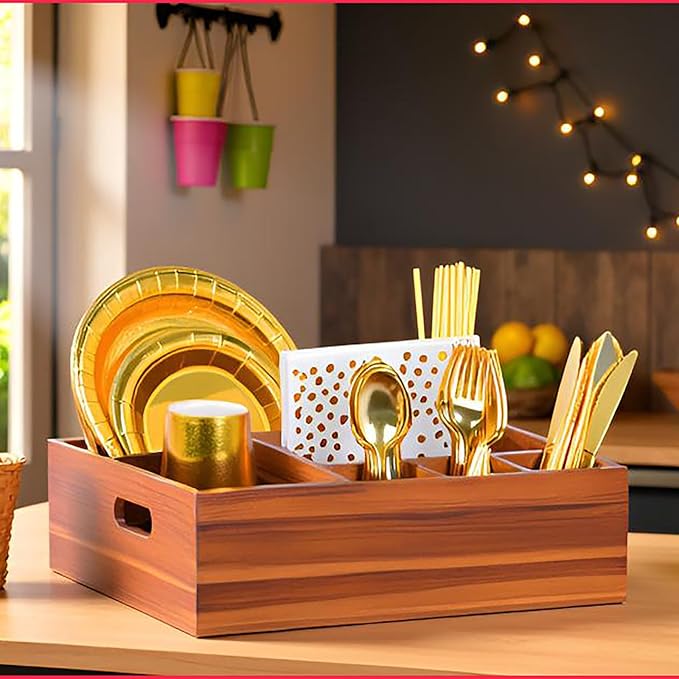Eleckey Acacia Wood Utensil Holder Organizer for Party，Paper Plate Dispenser for Kitchen Counter