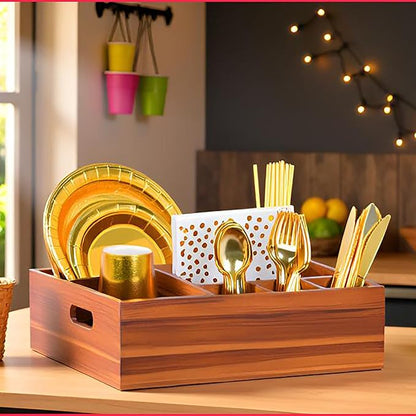 Eleckey Acacia Wood Utensil Holder Organizer for Party，Paper Plate Dispenser for Kitchen Counter