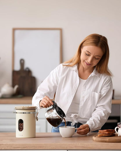 Veken Coffee Sugar Canister with Window, Gifts For Women,Airtight Stainless Steel Home Kitchen Food Storage Container Gift, Date Tracker & Scoop for Coffee Grounds, Beans,Tea,Flour,Cereal, 22OZ, Cream