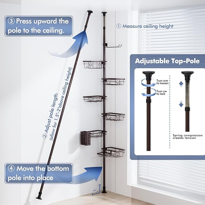 Vatex Corner Shower Caddy Tension Pole,Adjustable 30-120 Inch Bathroom Organizer Storage,Rustproof 6-Tier Shower Corner Shelves,Towel Rack, Toothbrush Holder, Soap Dish Organizers
