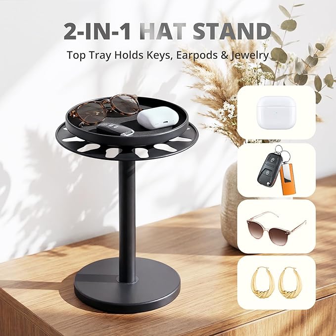 kondyfayo 360° Rotating Hat Organizer for Baseball Caps, Stainless Steel Hat Rack Holder with Top Storage Tray for Small Essentials, Ball Cap Storage Organizer for Closet, Entryway, Display (M-Black)