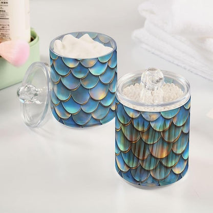 ALAZA 4pcs Blue Mermaid Scale 3D Funny Qtip Holder Dispenser 14 oz Bathroom Storage Clear Apothecary Jars Containers Cotton Ball,Cotton Rounds,Floss Picks, Hair Clips, Food