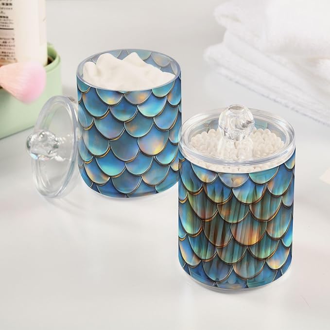 ALAZA 2pcs Blue Mermaid Scale 3D Funny Qtip Holder Dispenser 14 oz Bathroom Storage Clear Apothecary Jars Containers Cotton Ball,Cotton Rounds,Floss Picks, Hair Clips, Food