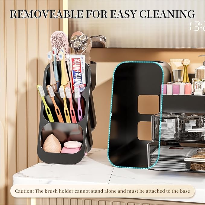 Makeup Organizer with Drawers for Vanity Bathroom Counter Organizers and Storage, Large Skincare Organizer with Brush Toothbrush Holder for Perfume, Nail Polish, Dresser, Office Supplies, Black