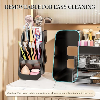 Makeup Organizer with Drawers for Vanity Bathroom Counter Organizers and Storage, Large Skincare Organizer with Brush Toothbrush Holder for Perfume, Nail Polish, Dresser, Office Supplies, Black