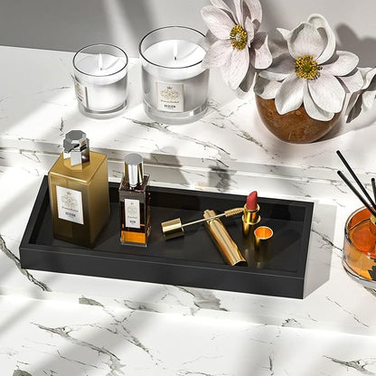 ZHWS Bathroom Tray Countertop for Toiletries, Black Vanity Tray for Makeup Perfume Decor Candle, Bamboo Kitchen Tray for Soap Dispenser Salt Pepper Brush Holder 11.3” L x 4.4” W x 1.1” H