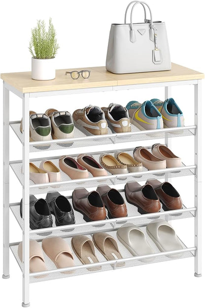 HOOBRO Shoe Rack for Entryway, 5-Tier Shoe Organizer with Adjustable Mesh Shelves, 12-16 Pairs of Shoes, Spacious Floor Mount, Metal, Industrial, Shoe Shelf for Closet, Natural and White WN12XJ01