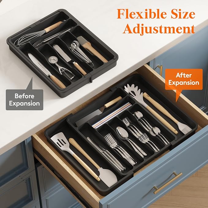 Lifewit Utensil Organizer for Kitchen Drawer, Expandable Cooking Silverware Tray, Adjustable Cutlery Flatware Holder, Plastic Spatula Tools Storage Divider, 11.8-19.6 x 15", Black