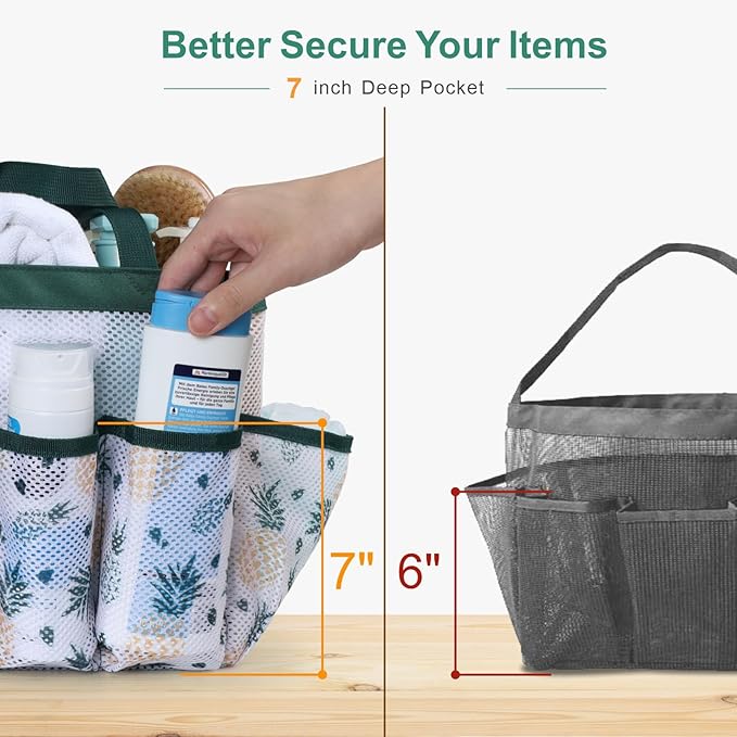F-color Shower Caddy Portable - Mesh Shower Bag Basket Tote for College Dorm Room Essentials Bathroom Gym Camp Quick Dry for Women Men with S Hook, Green Pineapple