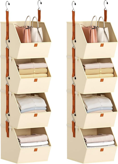 Homsorout Hanging Closet Organizer 4 Tier - Clothes Hanging Shelves, Space-Saving Closet System, Fabric Storage Bins Bedroom Organization, Collapsible Baskets for Home, Dorm, Rv, Beige, 8 Pack