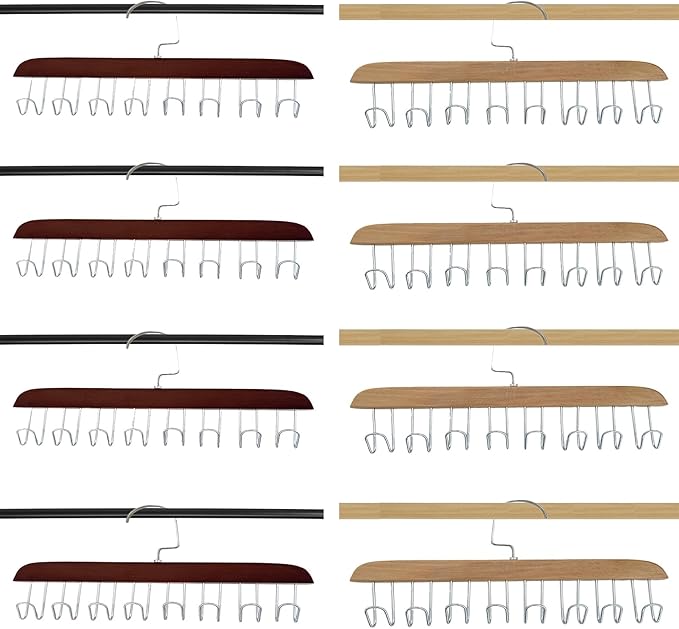 8 Wooden Belt Holder - Multifunctional Wooden Belt Hanger with 8 Metal Hooks - Wood Tie Scarf Rack Holder Hangers Organizer | for Hanging Belts,Tie,Scarves,neckties