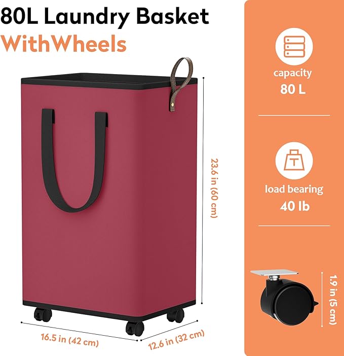 SpaceTrove Laundry Basket with Wheels, Collapsible Laundry Baskets, Laundry Hamper with Handles Detachable Wheels, Rolling Laundry Basket, Dirty Clothes Hamper for Bathroom, Dorm, Bedroom, Red, 80L