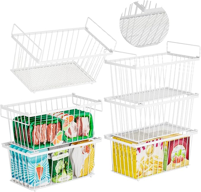 Enhanced Leak-Proof Bottom - Freezer Organizer Bins ，6 Pack Stackable Deep Freezer Organizer Bins for 7 Cu.FT Small Chest Freezer，organization and storage，pantry organizers(4 Pack-white)