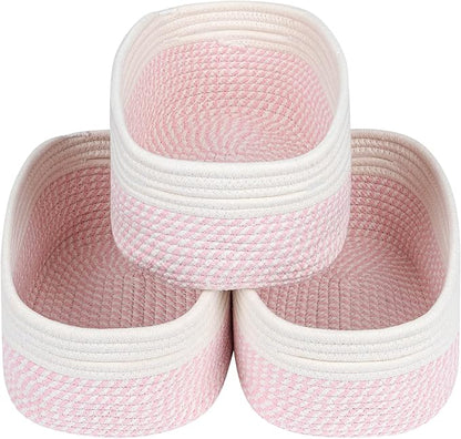 CubesLand Rectangle Organization/Storage Basket, Natural Cotton Rope Woven Baskets for Organizing, Small Basket for Kids, Baby Nursery, Cat Dog Toy Baskets, Organizer Bins for Shelves 3 Packs