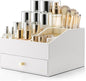 VLANDO Makeup Organzier,Vanity Organizer with Drawers, PU Leather Skincare Organizer Perfume Organizer,Large Cosmetic Display Case for Lipstick,Brushes Gifts for Women-White