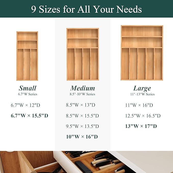 Silverware Organizer, Bamboo Kitchen Drawer Organizer, Utensil Holder, Cutlery Tray & Spoon Flatware Storage with Grooved Drawer Dividers (10''W x 16''D)