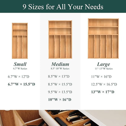 Silverware Organizer, Bamboo Kitchen Drawer Organizer, Utensil Holder, Cutlery Tray & Spoon Flatware Storage with Grooved Drawer Dividers (13''W x 17''D)