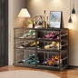 CIMLORD 3 Tier Foldable Shoe Rack for Closet Entryway 6-12 Pairs Stackable Clear Shoe Storage Boxes with Lids Shoes Shelf with Door Plastic Organizer Cabinet Easy Assembly Black