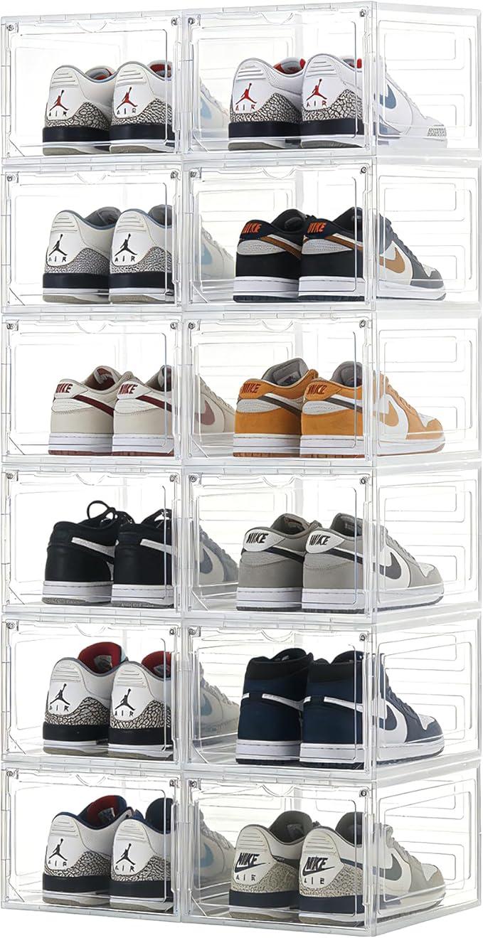 Stackable Storage Shoe Box with Magnetic Side Opening Door, Thick and Sturdy Transparent Plastic, Suitable for Floor Standing Shoe Racks and Storage in Wardrobes - 12Pcs