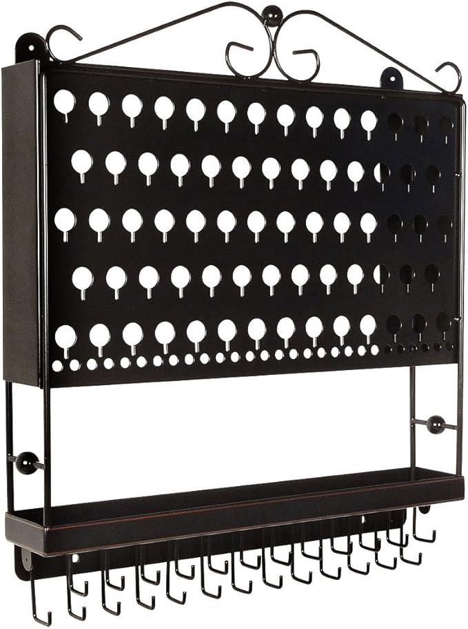 JR20-ORB Oil Rubbed Bronze Wall Mounted Organizer Necklace Holder Earring & Jewelry Display Rack with Tray