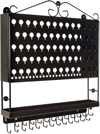 JR20-ORB Oil Rubbed Bronze Wall Mounted Organizer Necklace Holder Earring & Jewelry Display Rack with Tray
