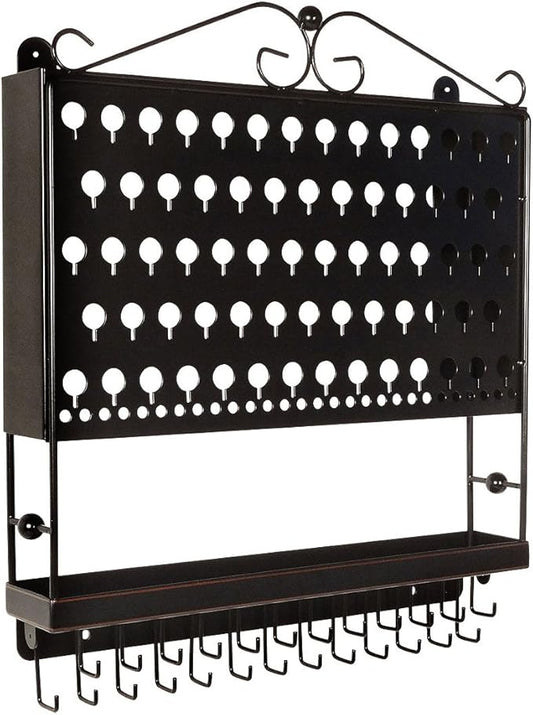 JR20-ORB Oil Rubbed Bronze Wall Mounted Organizer Necklace Holder Earring & Jewelry Display Rack with Tray