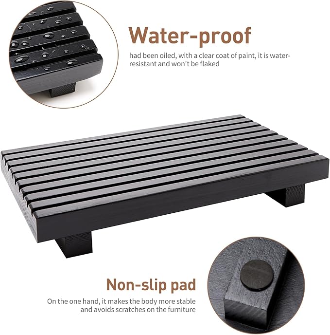 Wood Pedestal Table Stand for Bathroom Tray Kitchen Counter Decor Decorative Wooden Display Risers for Kitchen Sink Accessories Soap Tray Vanity Black Bathroom Counter Organizer Decor Dish Soap Holder