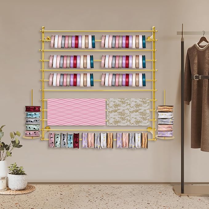 Ribbon Storage Organizer, Wall Mounted Ribbon Organizer, 12-Tier Metal Gift Wrapping Paper Rack, Spool Tie Scarf Hijab Belt Towel Hanger, for Home, Craft Room, Flower Shop, Gold, 47.2in Wide
