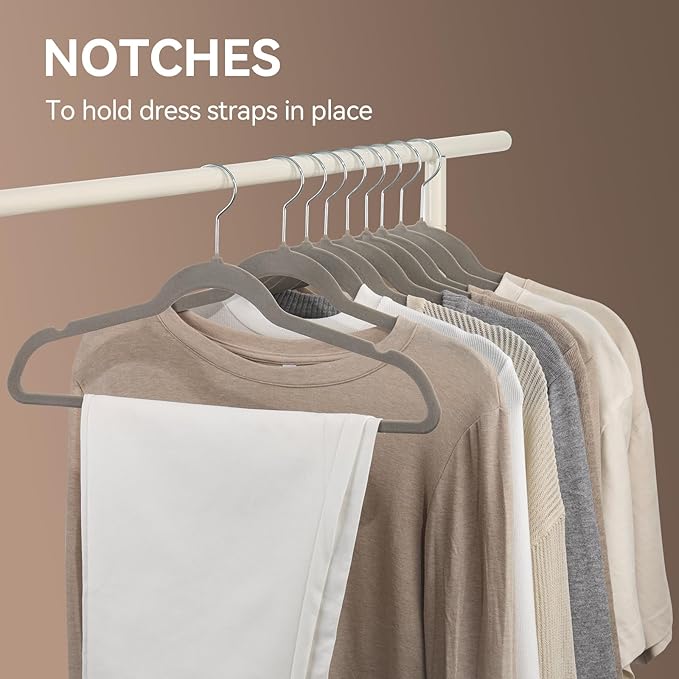 Premium Velvet Hangers 50 Pack, Non-Slip Suit Clothes Hangers, 360 Degree Swivel Hooks and Slim Profile to Maximize Closet Space Grey/Silver