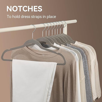 Premium Velvet Hangers 50 Pack, Non-Slip Suit Clothes Hangers, 360 Degree Swivel Hooks and Slim Profile to Maximize Closet Space Grey/Silver