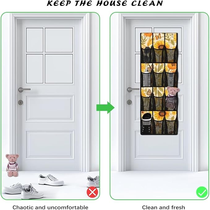 Generic Yellow Sunflower Over The Door Storage Organizer Waterproof Over The Door Storage Organizer Shoes Over Door Storage Organizer with Waterproof Pockets for Bathroom Kitchen