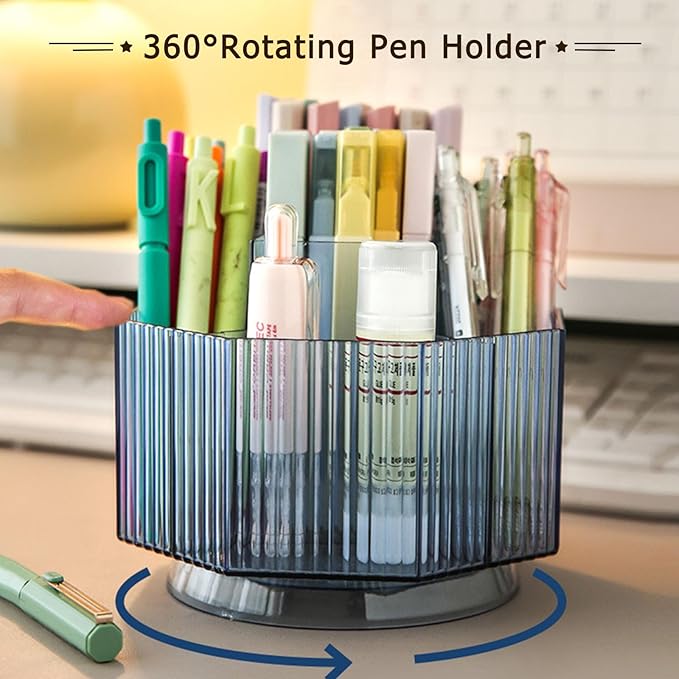 LINFIDITE 360°Rotating Makeup Organizer Holder Cosmetic Display Case Clear Makeup Brush Lip Gloss Organizer Case with 5 Slots Round Turntable Storage Tray for Vanity, Bathroom, Counter Organizer Blue