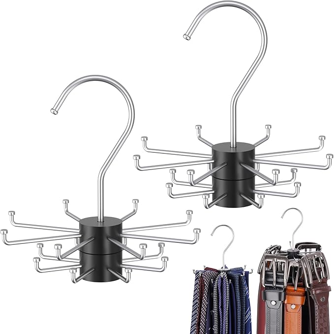 NiHome 2-Pack Double-Layer Rotating Belt Hangers for Closet, 2-Tier Rotatable Belt Organizer, 16 Hooks w/Solid Wood 360° Swivel Belts Tie Organizer, Space-Saving Storage Rack for Scarves Bras Purses